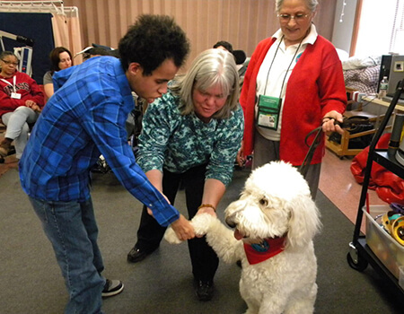 Person holding a dog's paw with people in the background.