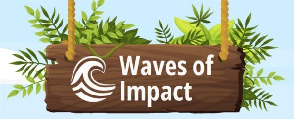 Waves of Impact hanging wooden sign with green leaves surrounding it against a blue sky