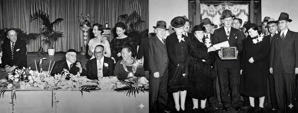 Black and white photos, on the left, people are sitting and standing at a table chatting. On the right, people surround a man holding a plaque.